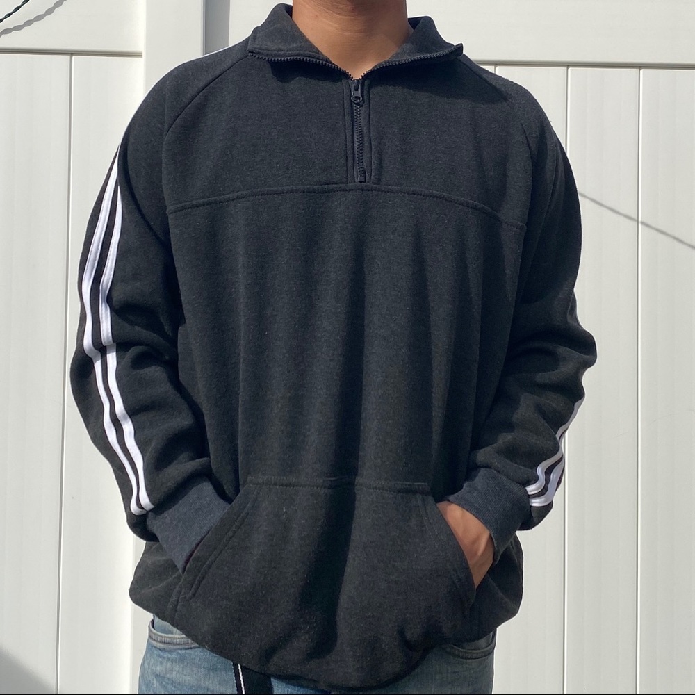 Gray zip up sweater size XL w/ sleeve stripes